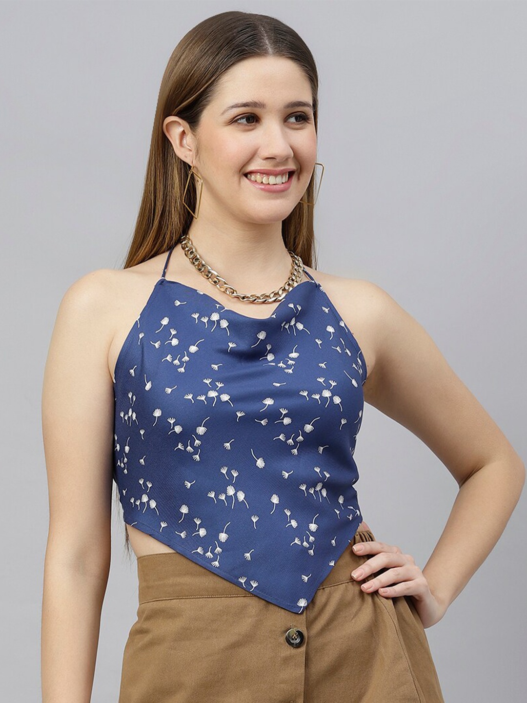 

FLAMBOYANT Blue Print Halter Neck Denim Crop Top