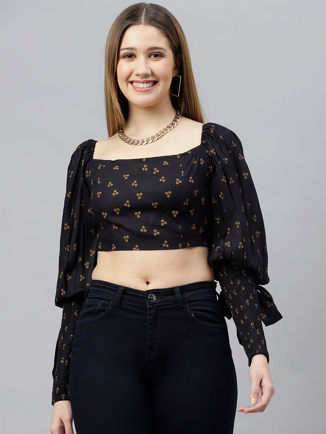 

FLAMBOYANT Women Black Floral Print Bishop Sleeves Crop Top