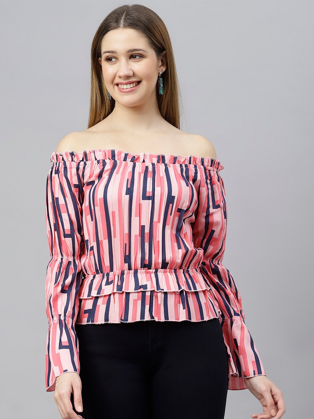 

FLAMBOYANT Women Pink Geometric Printed Off-Shoulder Bardot Top