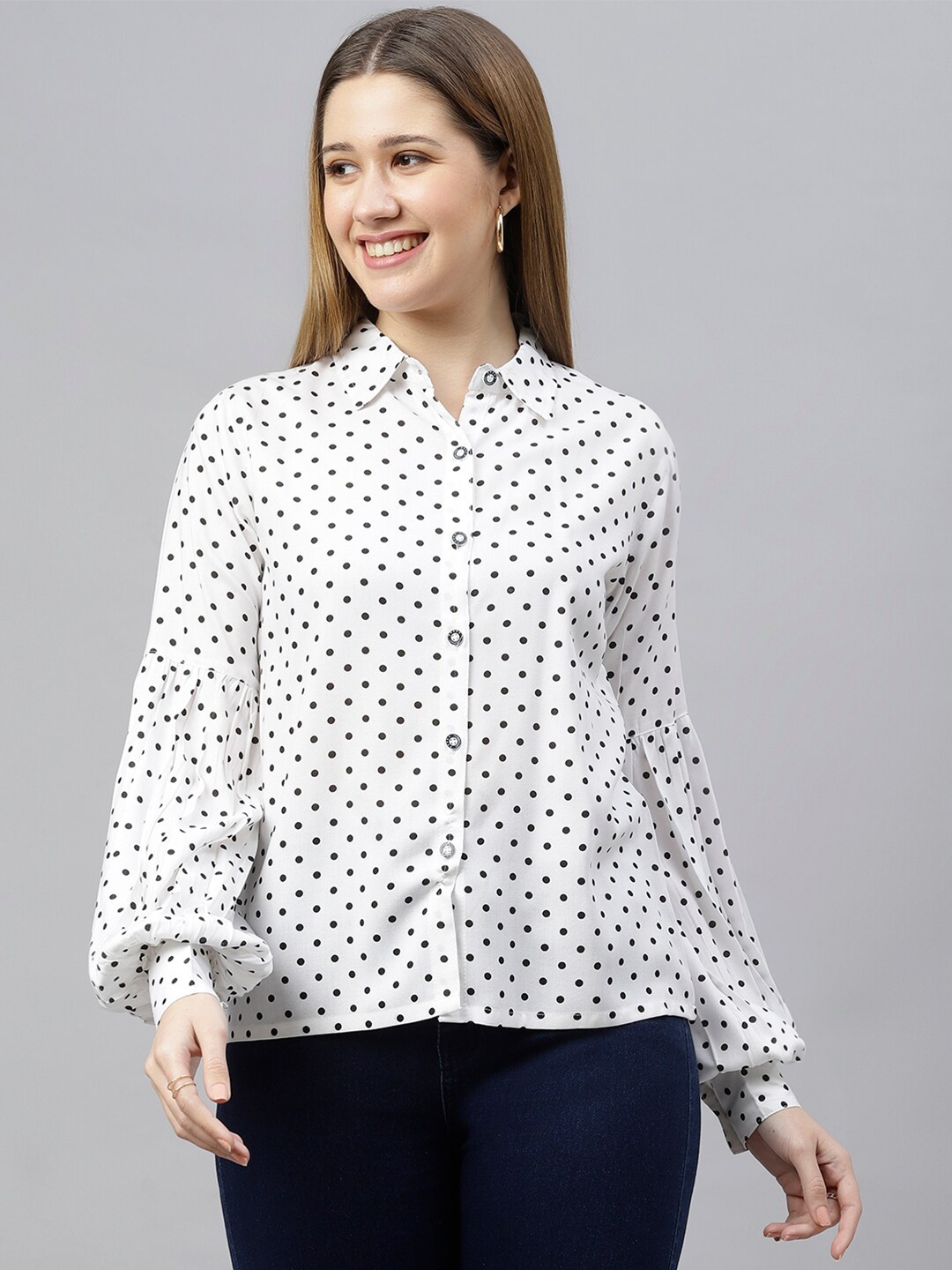 

FLAMBOYANT Women White Printed Shirt Style Top