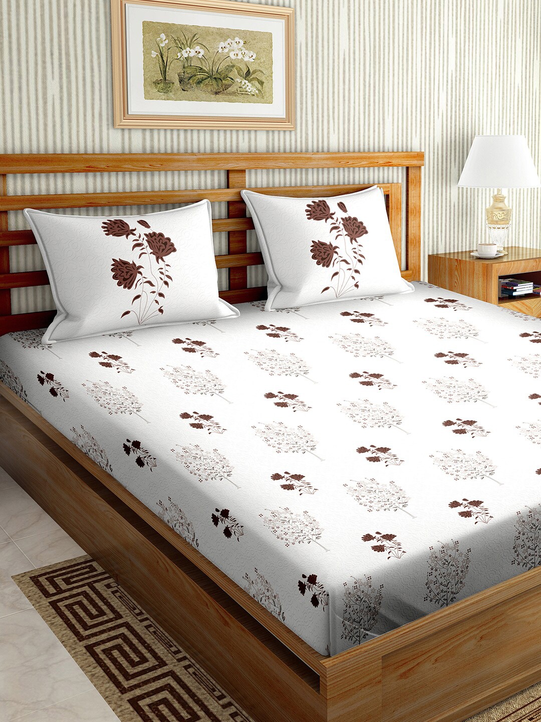 

BELLA CASA White & Brown 180 TC King Floral Cotton Bedsheet with 2 Pillow Covers