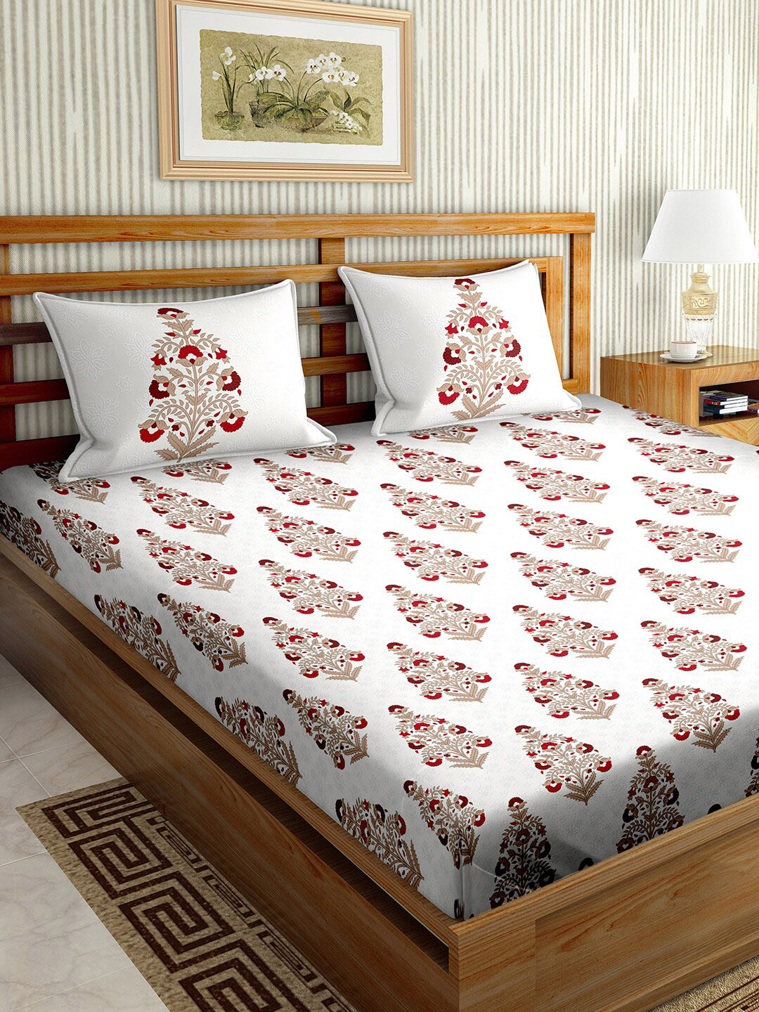 

BELLA CASA White & Red Ethnic Motifs 180 TC Cotton King Bedsheet with 2 Pillow Covers
