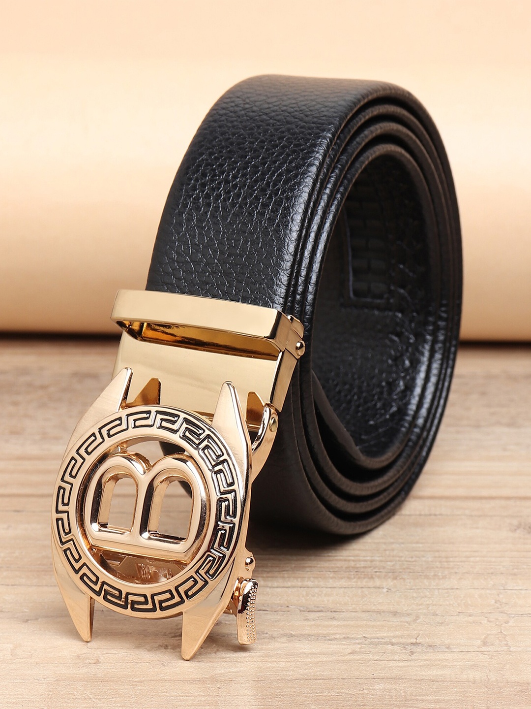 

ZORO Men Black Textured Alphabet Letter B Autolock Buckle Belt