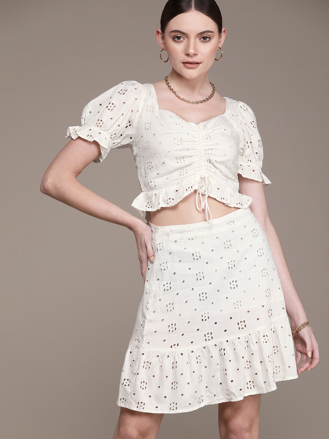 

bebe Women Egret Season Staple Schiffli Embroidered Co-ords, Off white