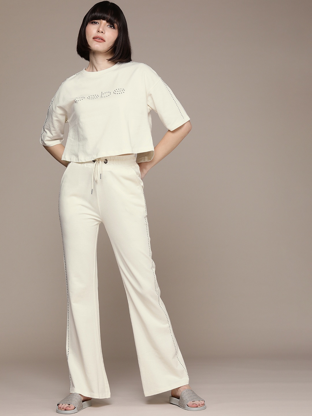 

Bebe Women Egret Louge Solid Pure Cotton Co-Ord Set With Beads Detail, Cream