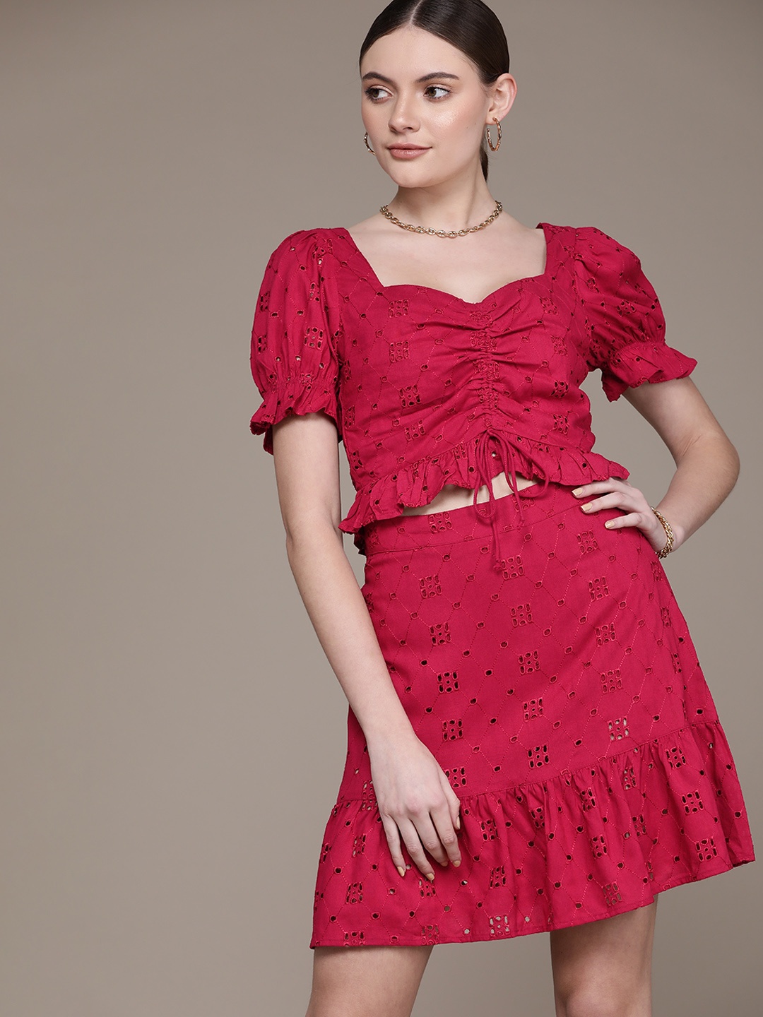 

bebe Women Persian Red Season Staple Schiffli Embroidered Co-ords