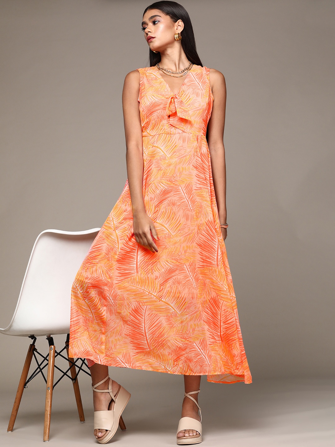 bebe Paradise Coral Holiday Tie-Up Neck A-Line Midi Dress