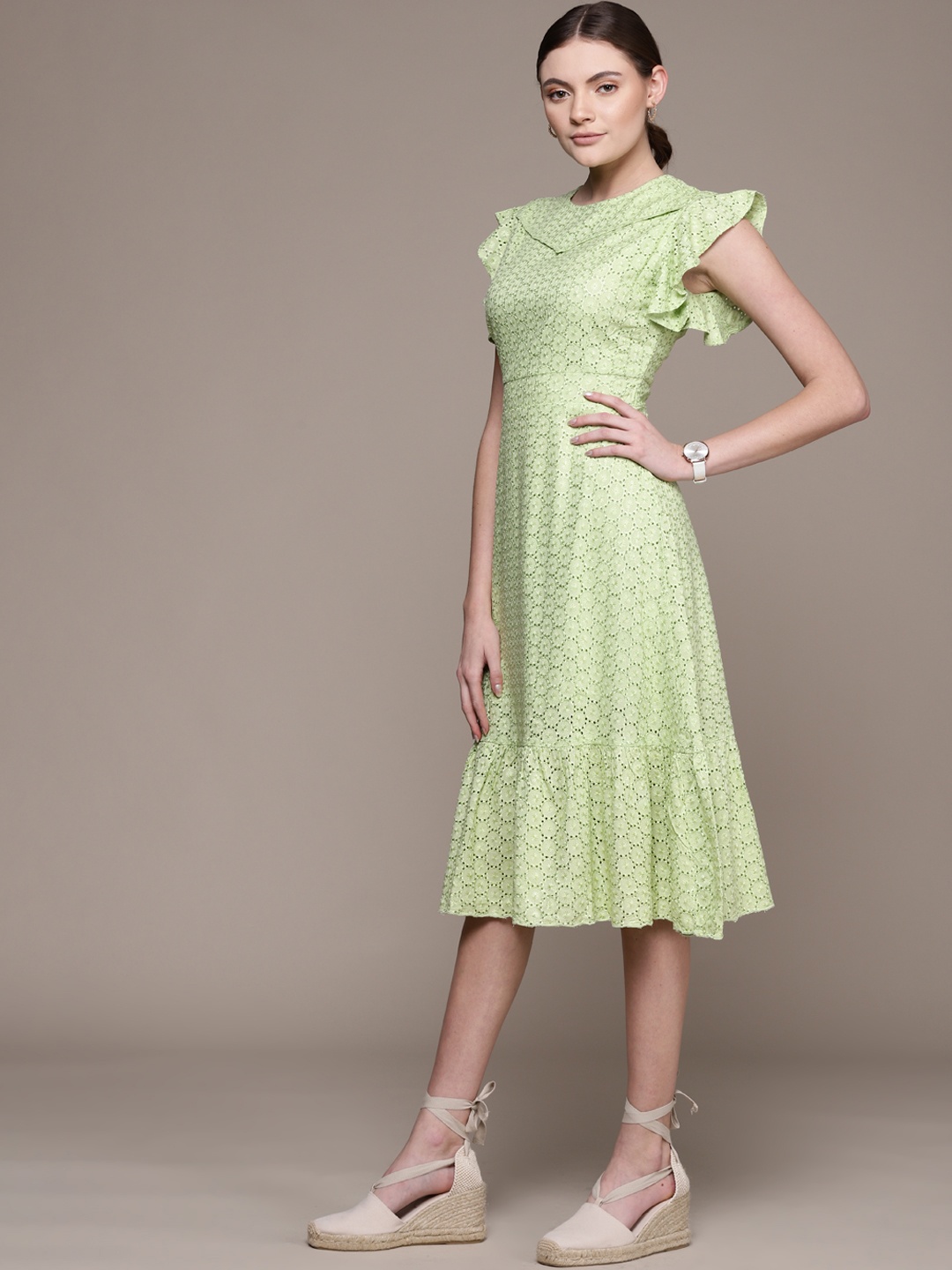 

bebe Lily Green Brighter Basics Schiffli Embroidered A-Line Midi Dress