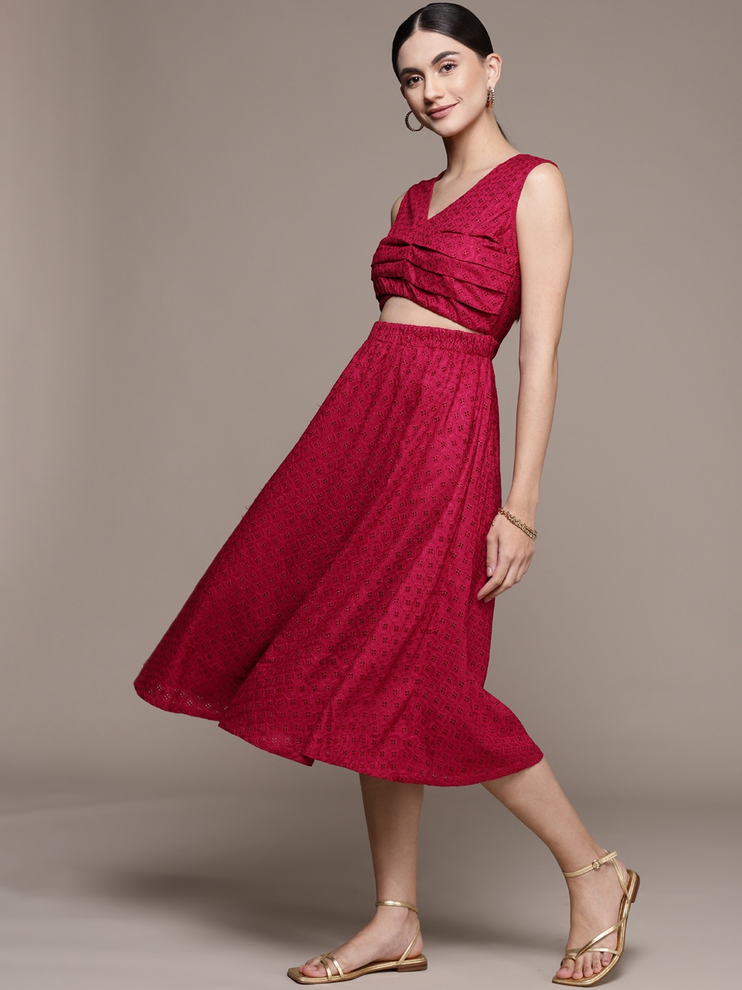 

bebe Persian Red Brighter Basics Schiffli Embroidered A-Line Midi Dress, Maroon
