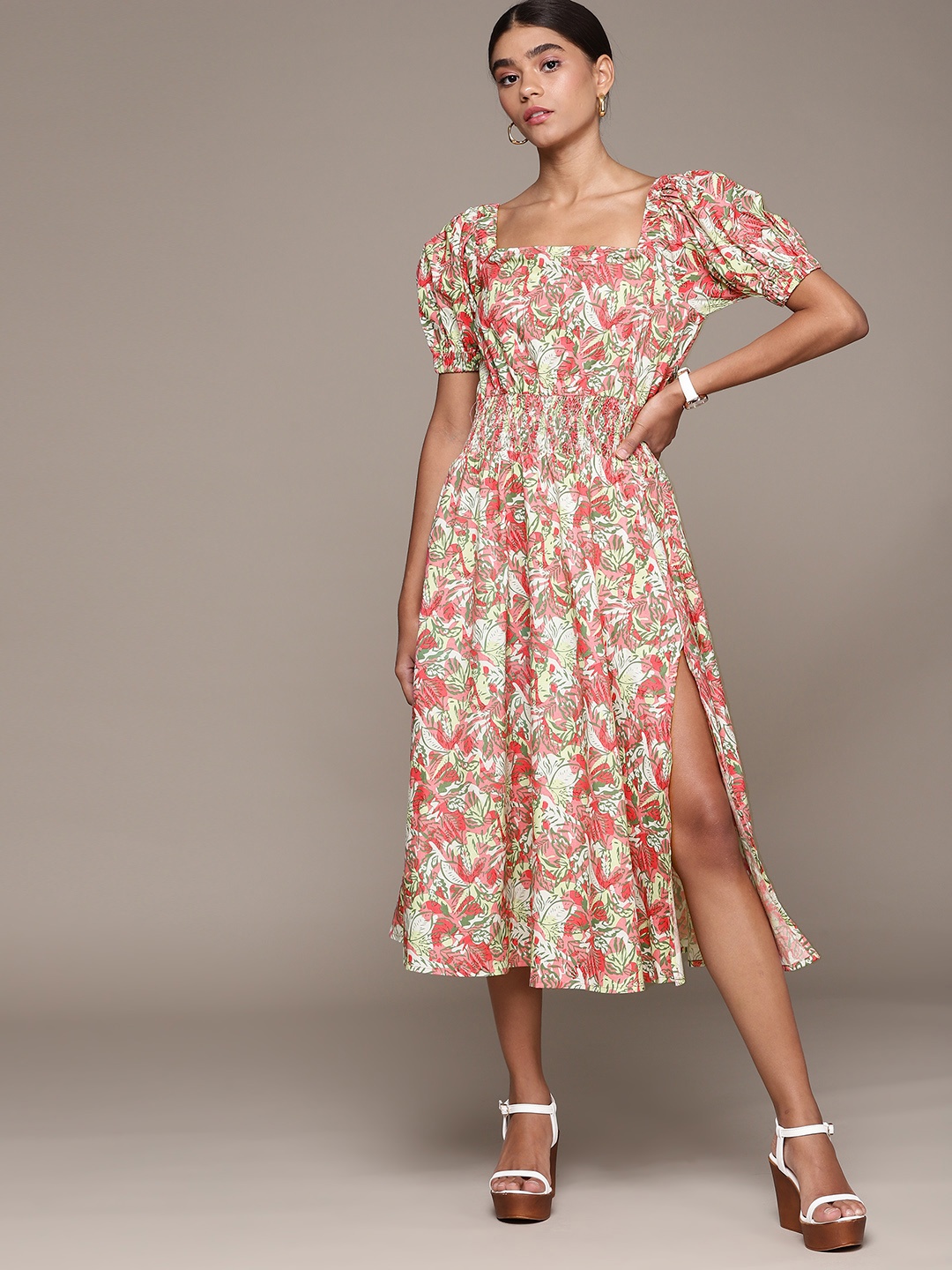 

bebe Women Lily Green & Pink Holiday Floral Print Smocked A-Line Midi Dress, White