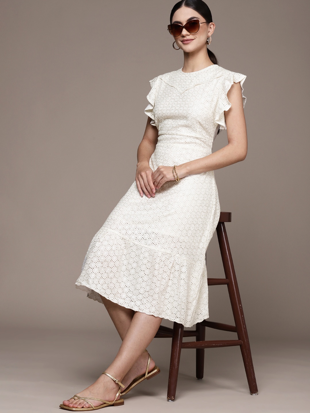 

bebe Egret Soft Romance Schiffli Embroidered A-Line Midi Dress, White