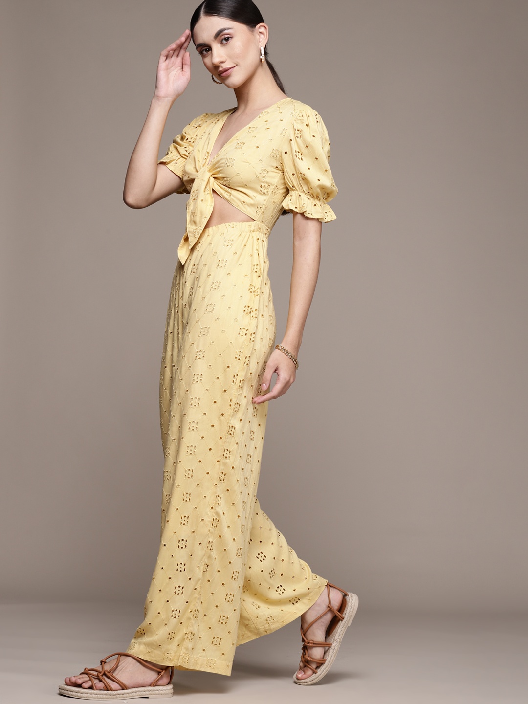 

bebe Women Sundress AM to PM Basic Schiffli Jumpsuit, Yellow