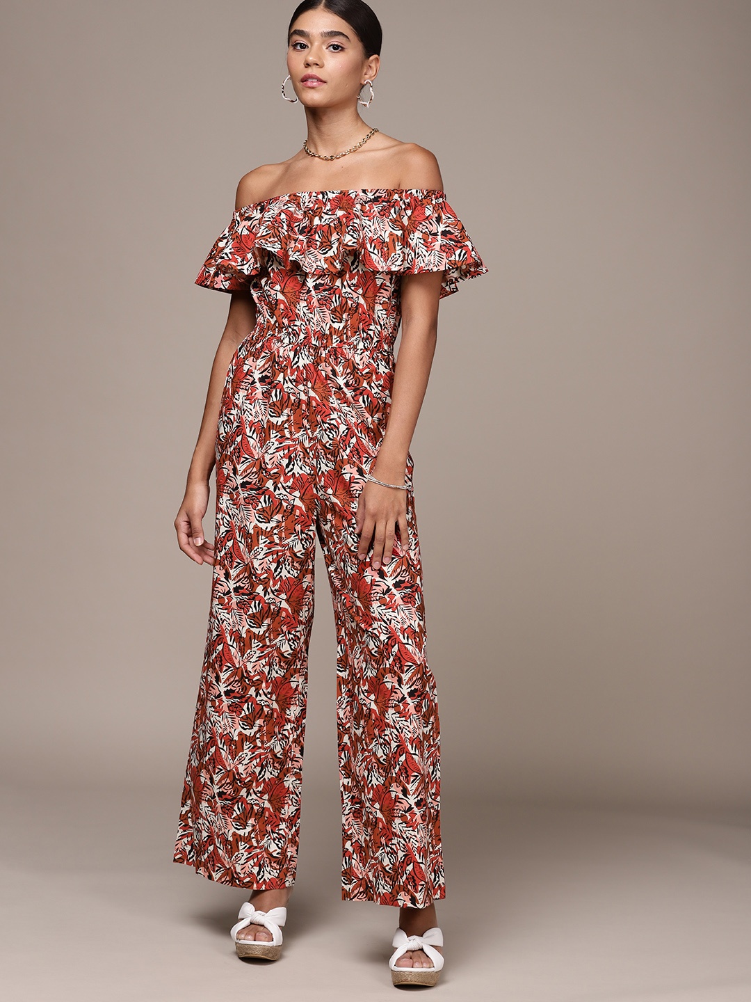 

bebe Persian Red & Black Holiday Off-Shoulder Printed Jumpsuit
