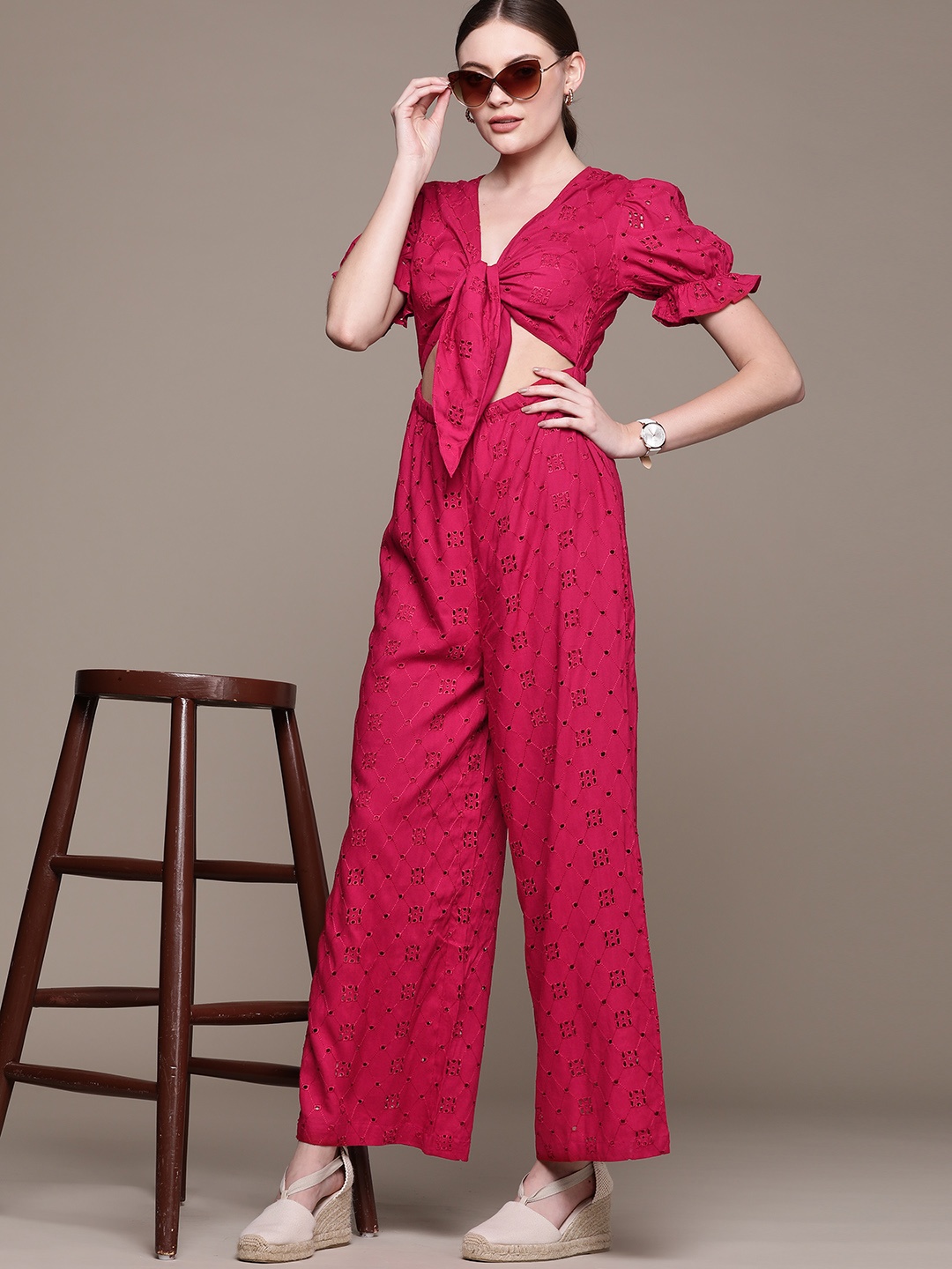 

bebe Women Fire Whirl AM to PM Basic Schiffli Jumpsuit, Magenta