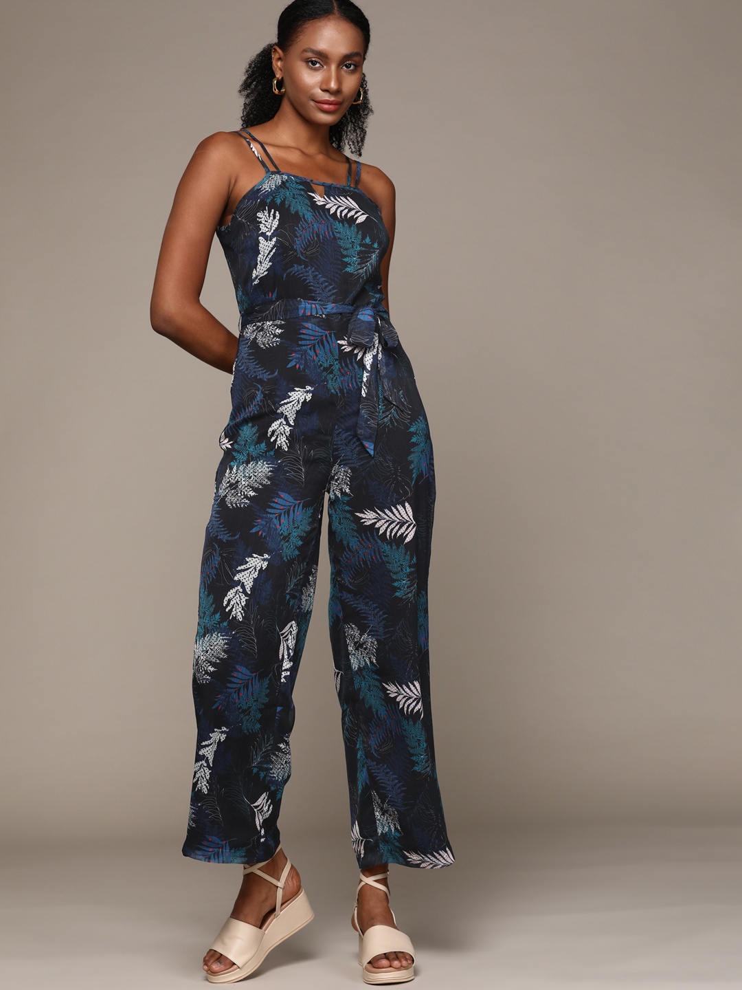 

bebe Daylight Blue & Green Holiday Printed Basic Jumpsuit, Navy blue