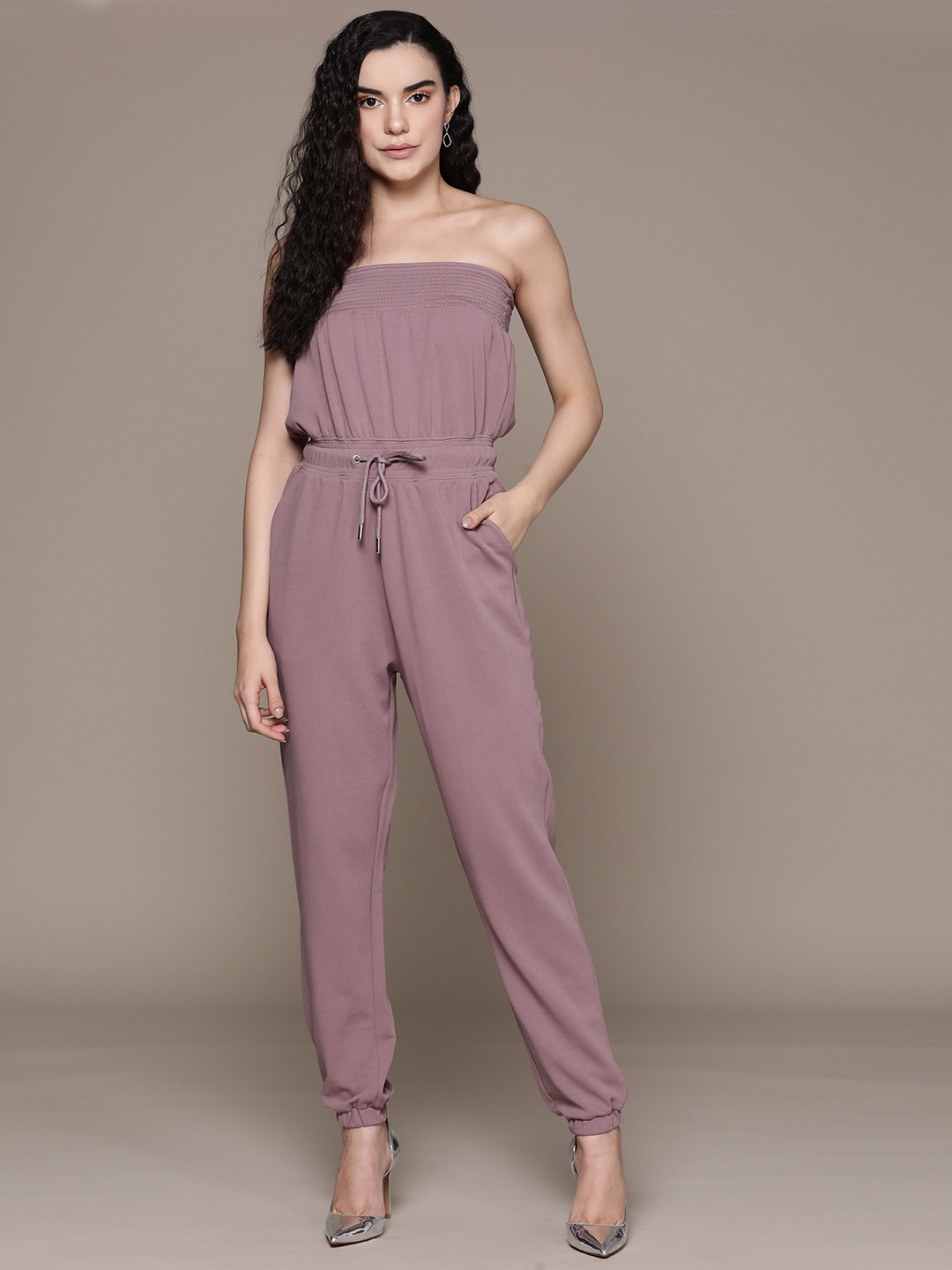 

bebe Smocked Bardot Neckline Jumpsuit, Mauve