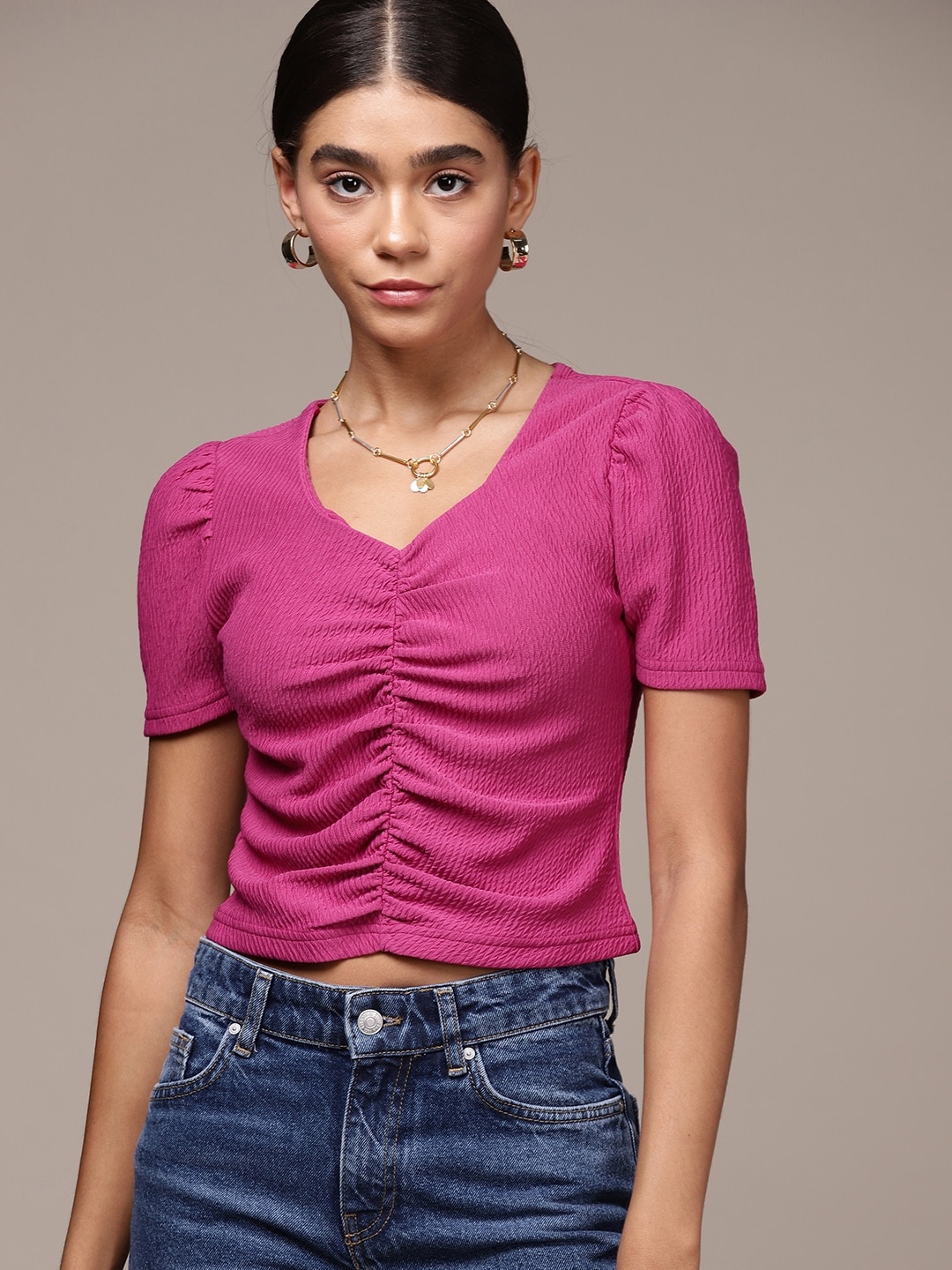 

bebe Orchid Flower AM-PM Textured Ruched Crop Top, Pink