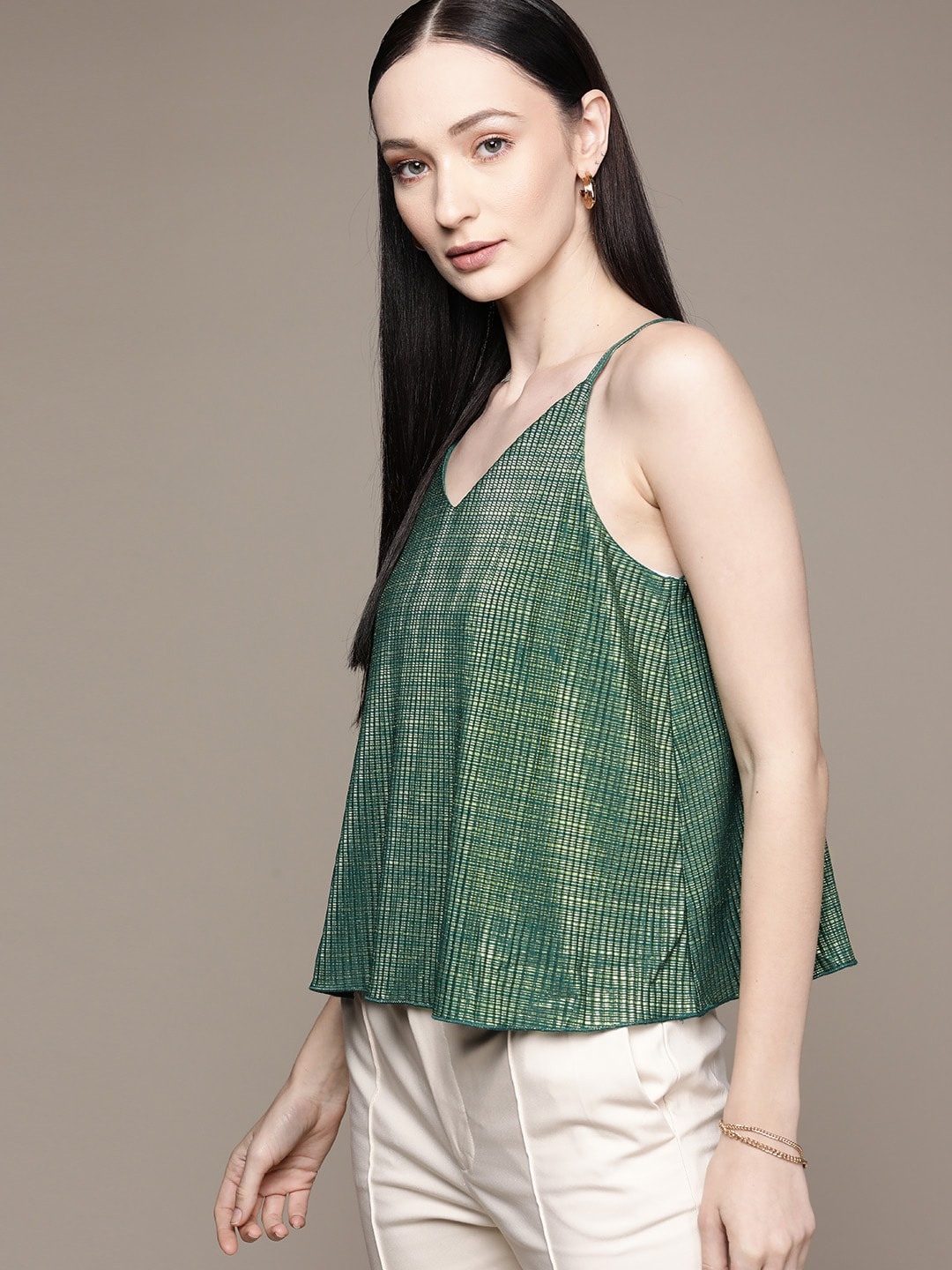 

bebe Women Exquisite Green & Golden Season Staples Shoulder Straps Regular Top