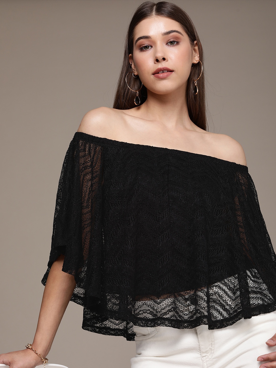 

bebe Women Black Holiday Off-Shoulder Lace A-Line Top
