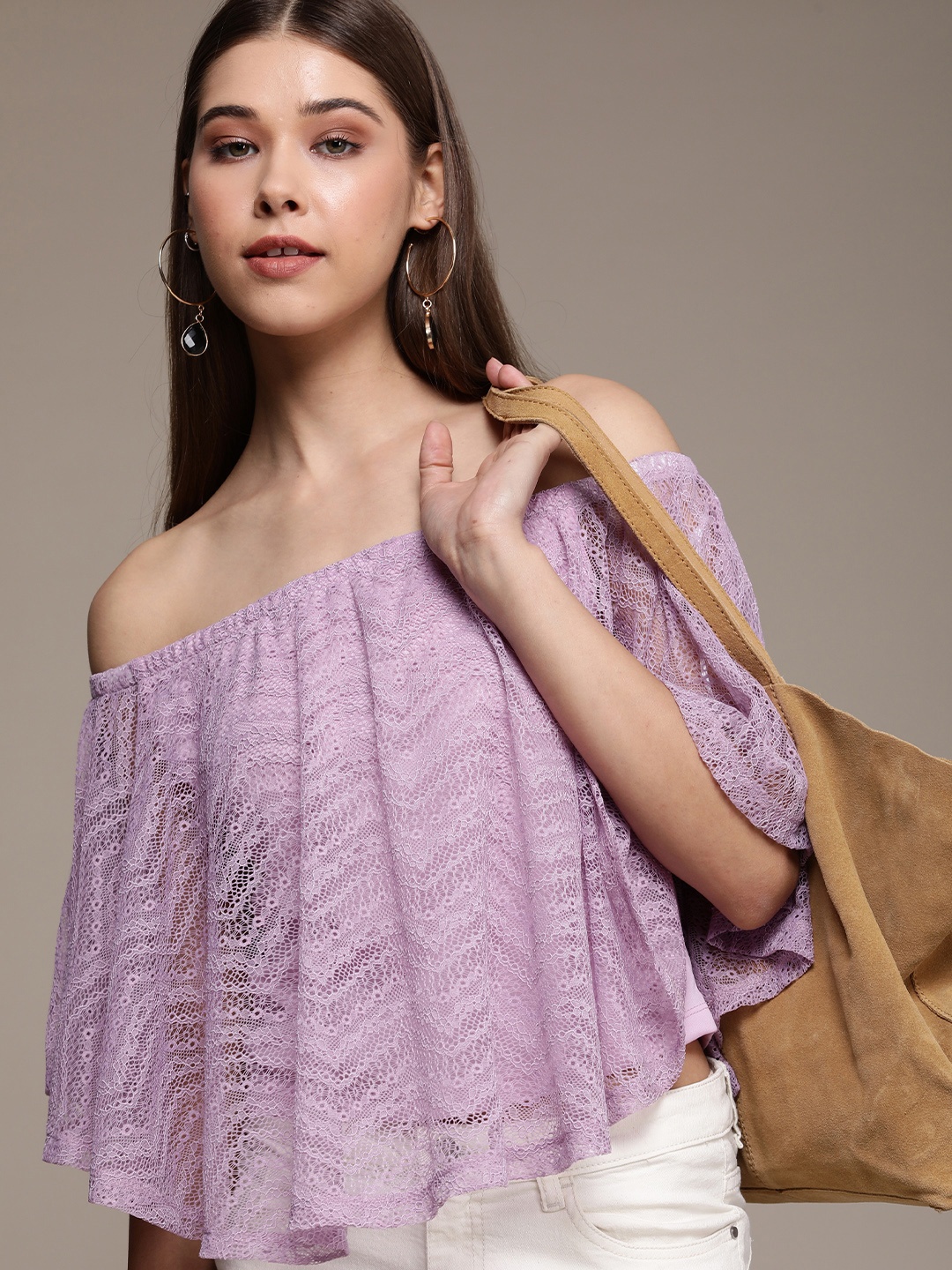 

bebe Women Lilac Holiday Off-Shoulder Lace A-Line Top, Lavender