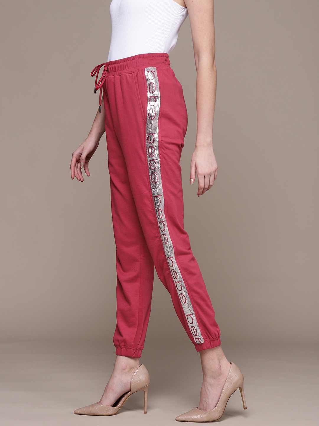 

Women Persian Red Lounge Side Stripe Printed Pure Cotton Regular Joggers