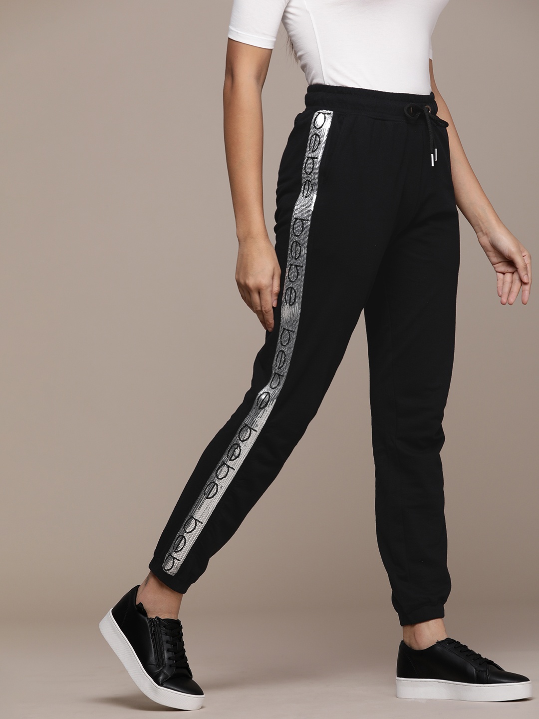 

bebe Women Black Lounge Side Stripe Printed Pure Cotton Regular Joggers