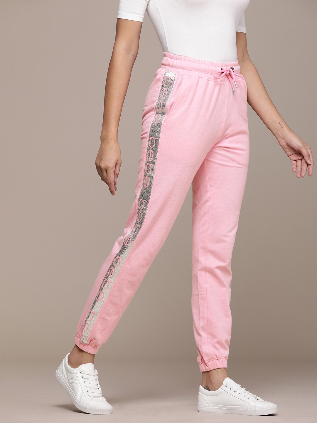 

bebe Women Romance Rose Lounge Side Stripe Printed Pure Cotton Regular Joggers, Pink