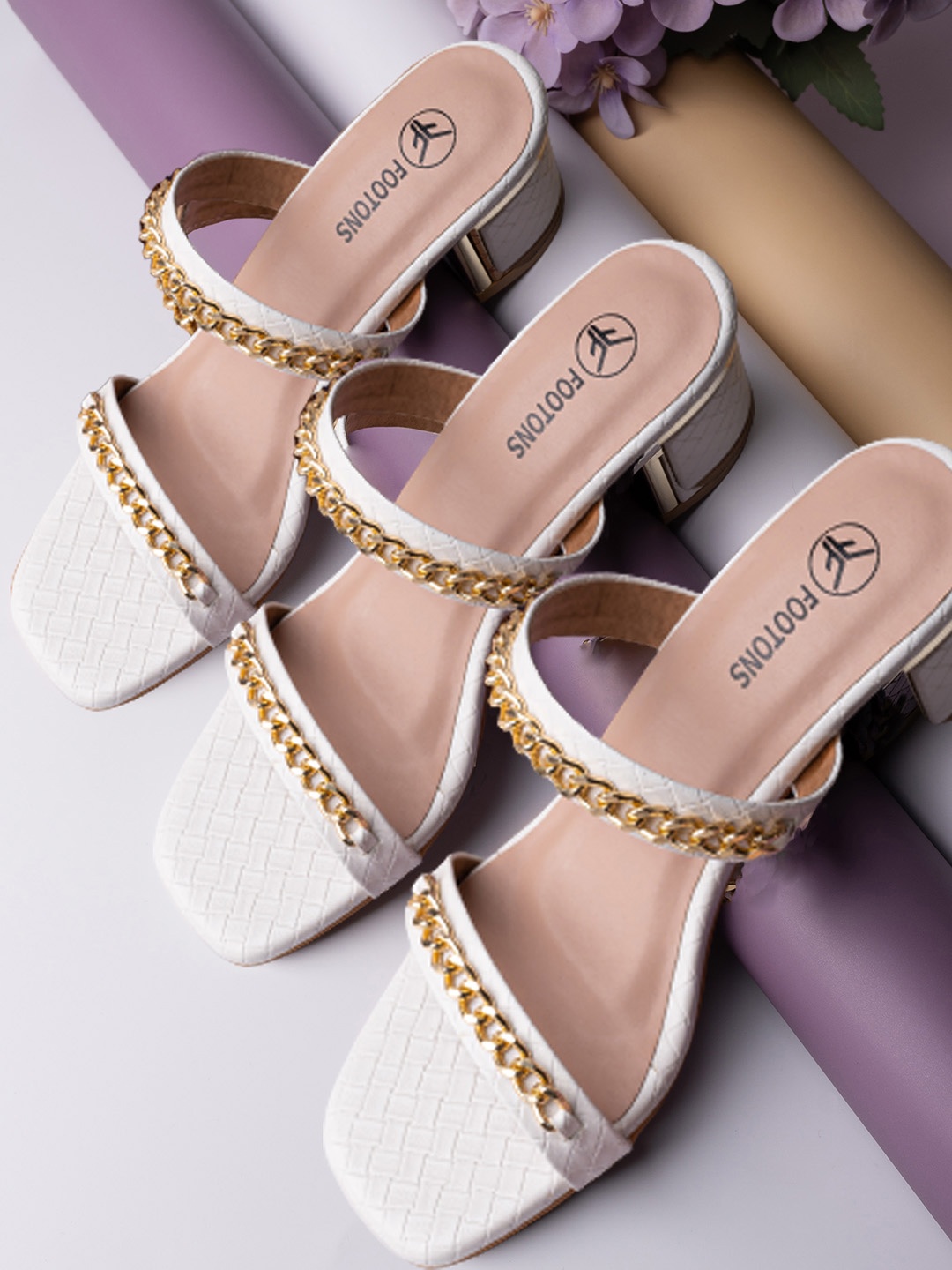 

FOOTONS White Embellished Block Sandals