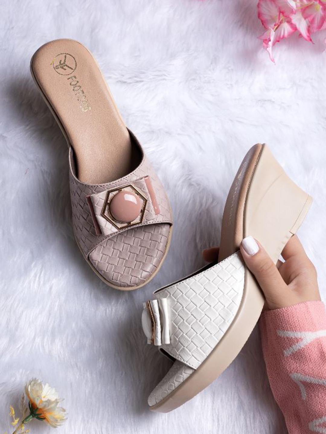 

FOOTONS Pink & Beige Embellished Wedge Sandals