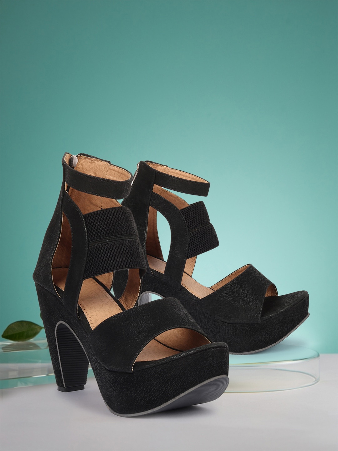 

RINDAS Women Black Textured High-Top Platform Heels