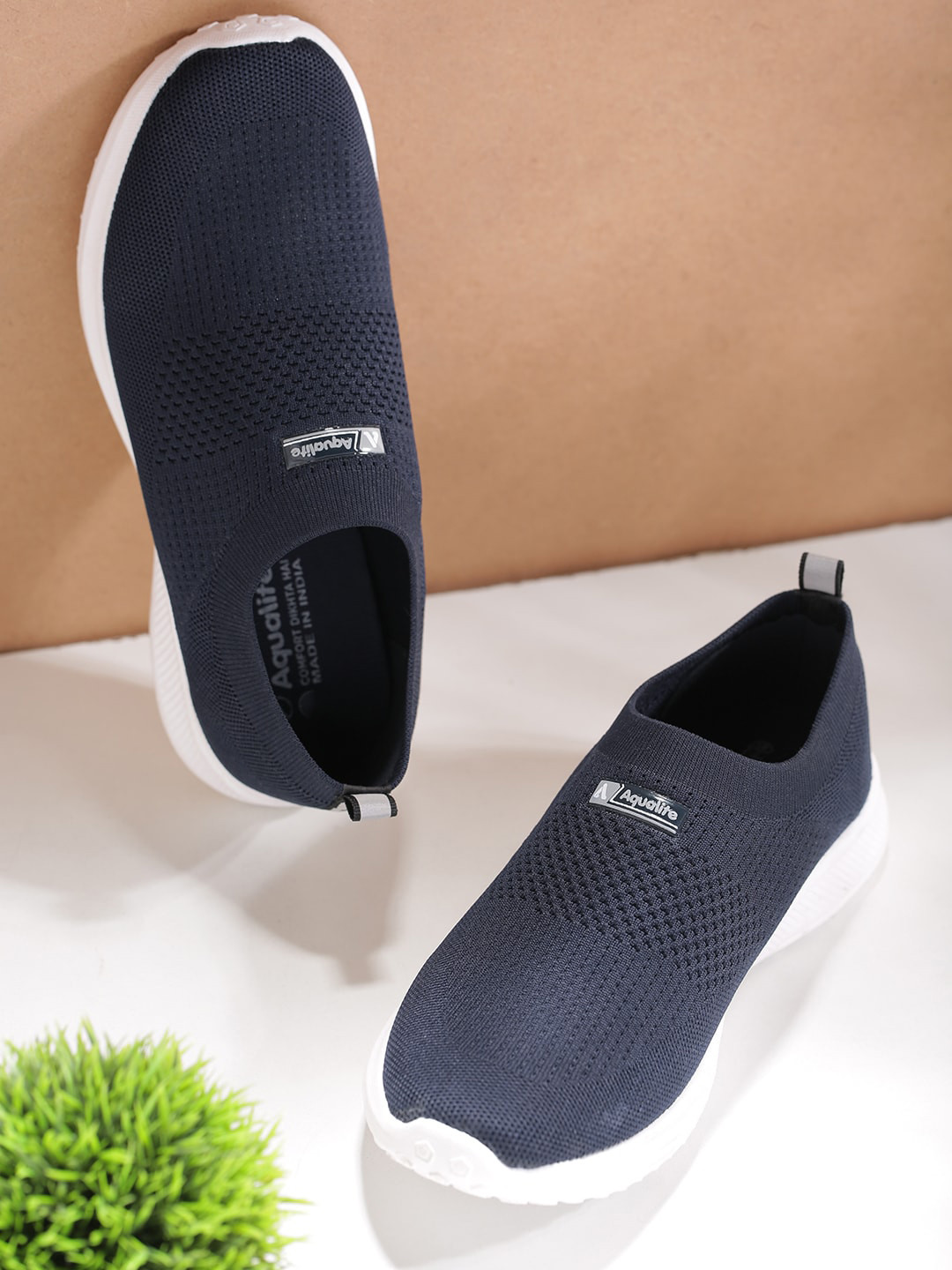 

Aqualite Men Navy Blue Woven Design Slip-On Sneakers