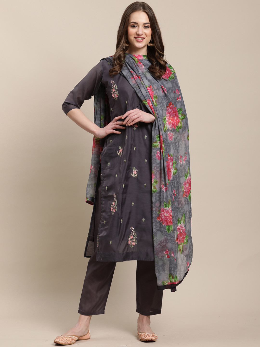 

Roly Poly Women Grey Floral Printed Thread Work Chanderi Silk Kurta with Trousers & With Dupatta