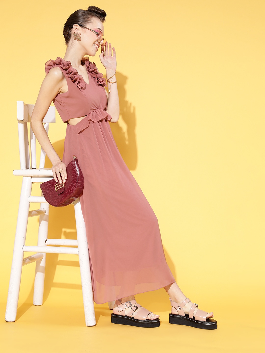 

Athena Women Elegant Rose Solid Cut-Out Dress