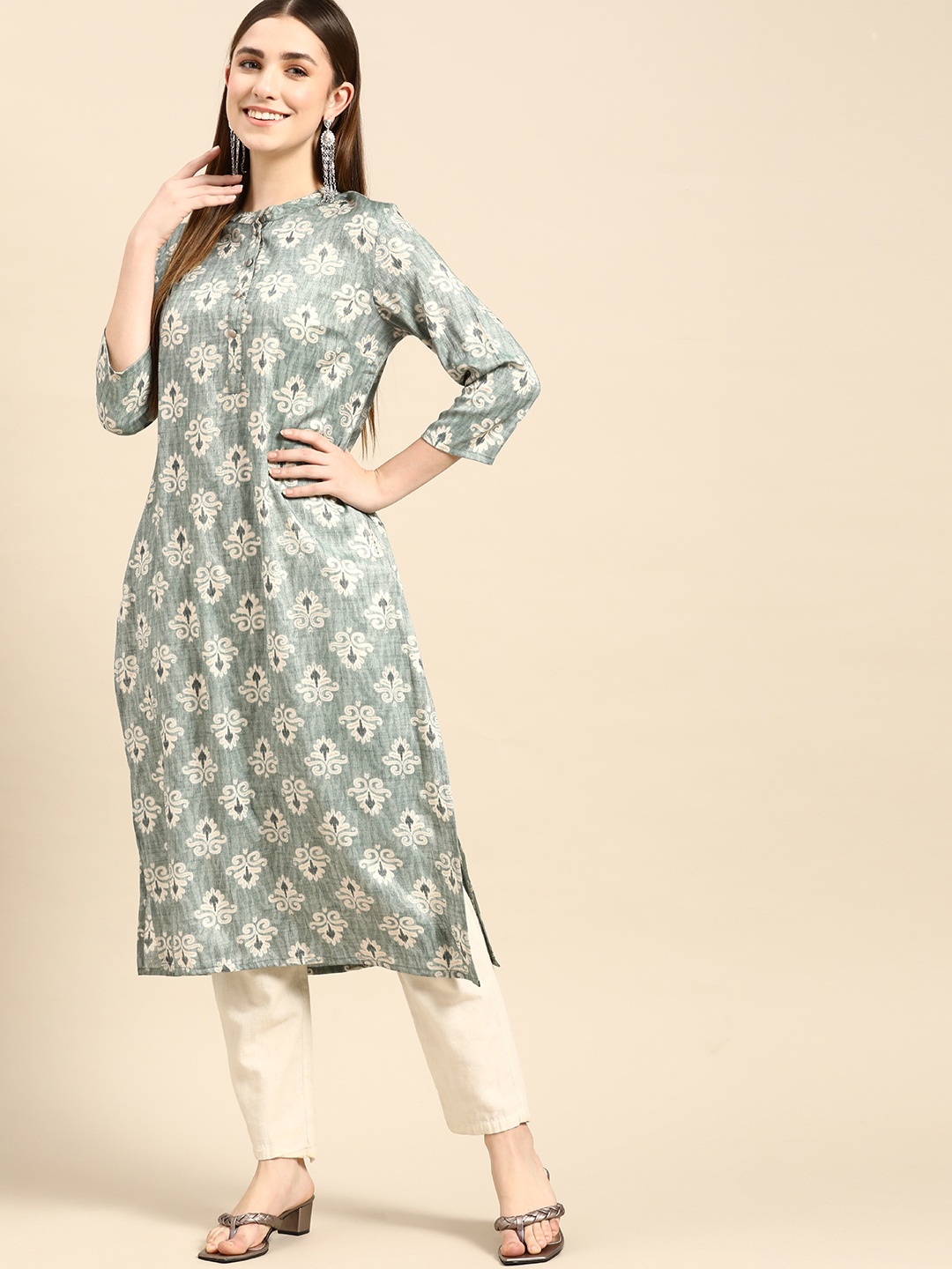 

Anouk Women Grey & White Ethnic Motifs Printed Kurta