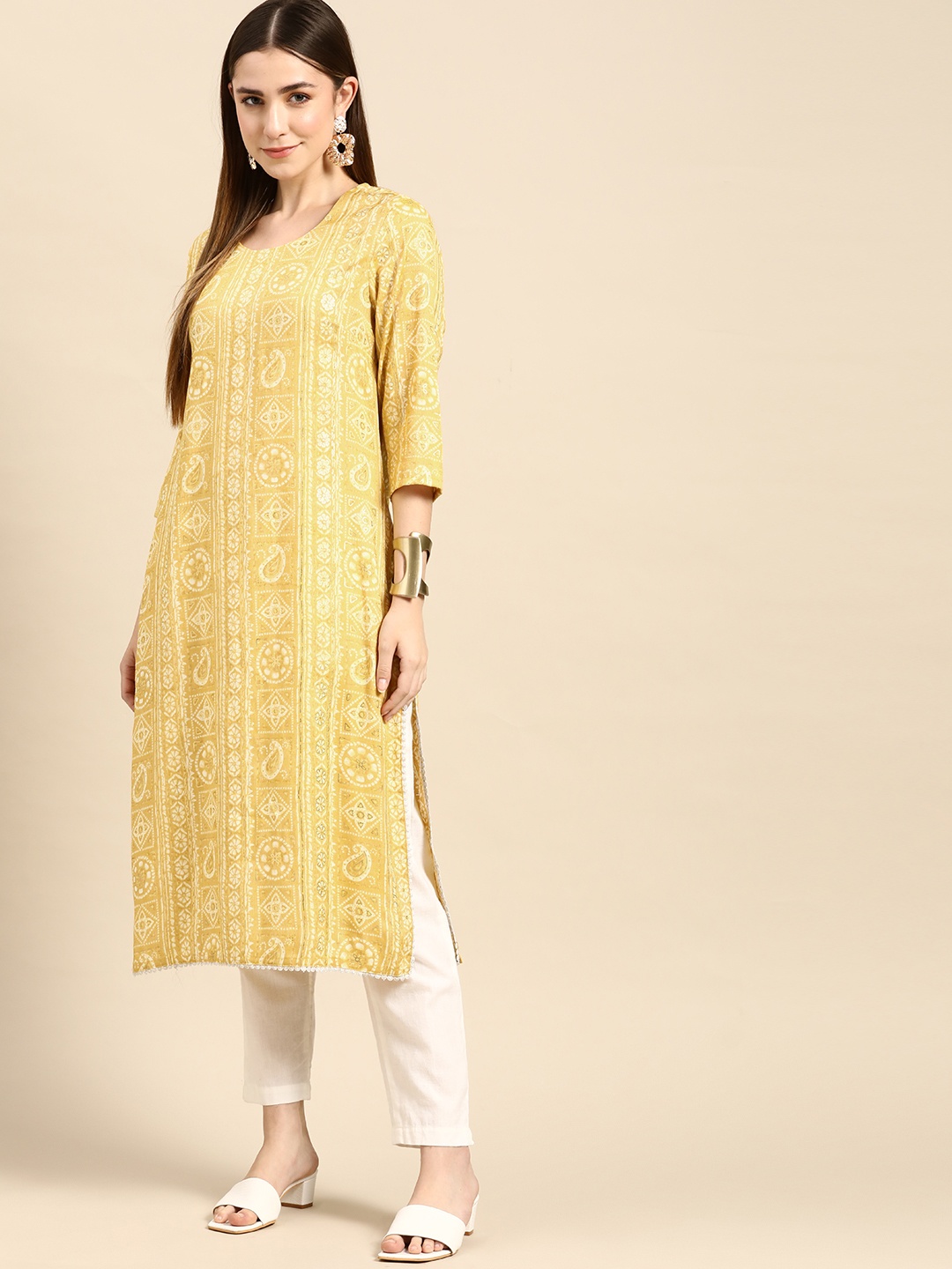 

Anouk Women Yellow & White Ethnic Motifs Printed Kurta