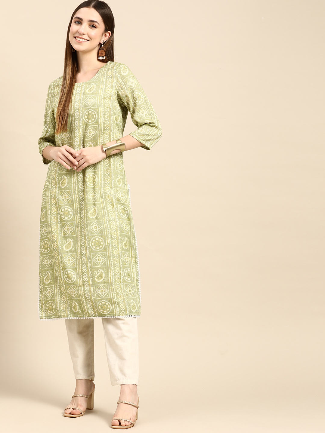 

Anouk Women Green & White Ethnic Motifs Printed Kurta