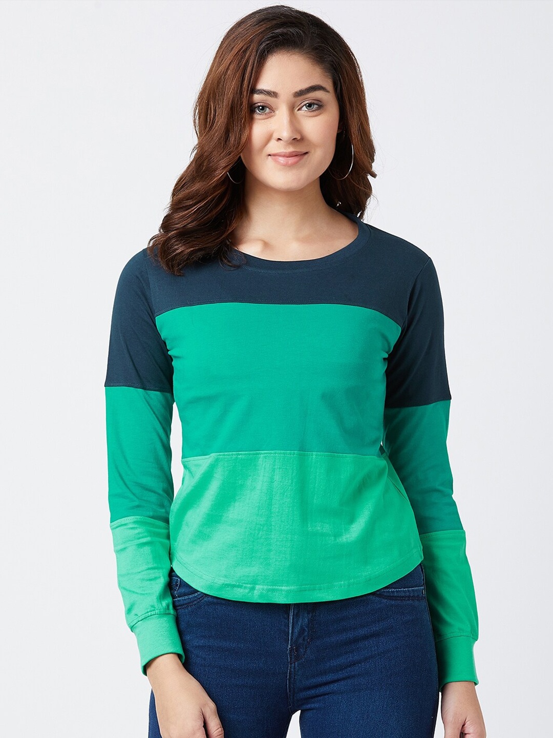 

The Dry State Women Green & Navy Blue Colourblocked Pure Cotton Slim Fit T-shirt