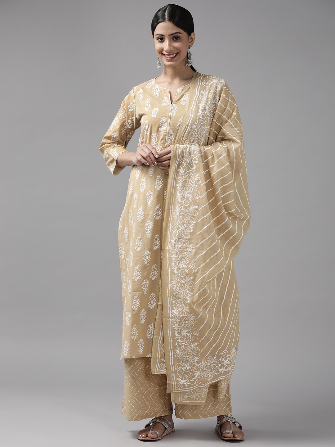 

Yufta Women Beige Ethnic Motifs Printed Pure Cotton Kurta with Palazzos & With Dupatta