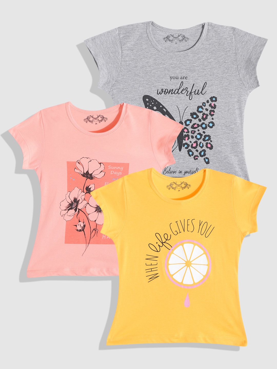 

FEMEA Girls Pack Of 3 Mustard Yellow & Grey Typography Printed T-shirt