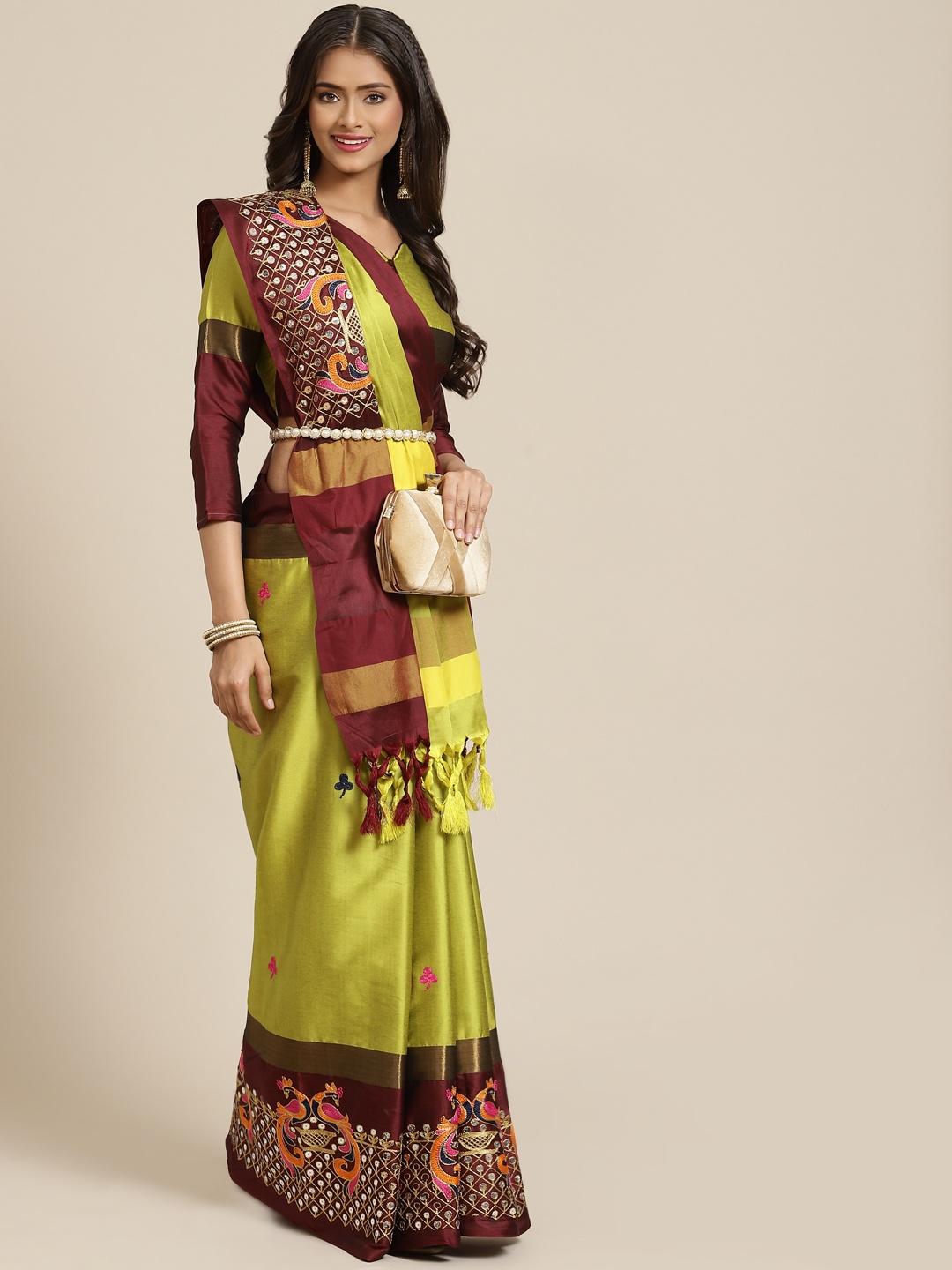 

SERONA FABRICS Lime Green & Maroon Ethnic Motifs Sequinned Silk Cotton Saree
