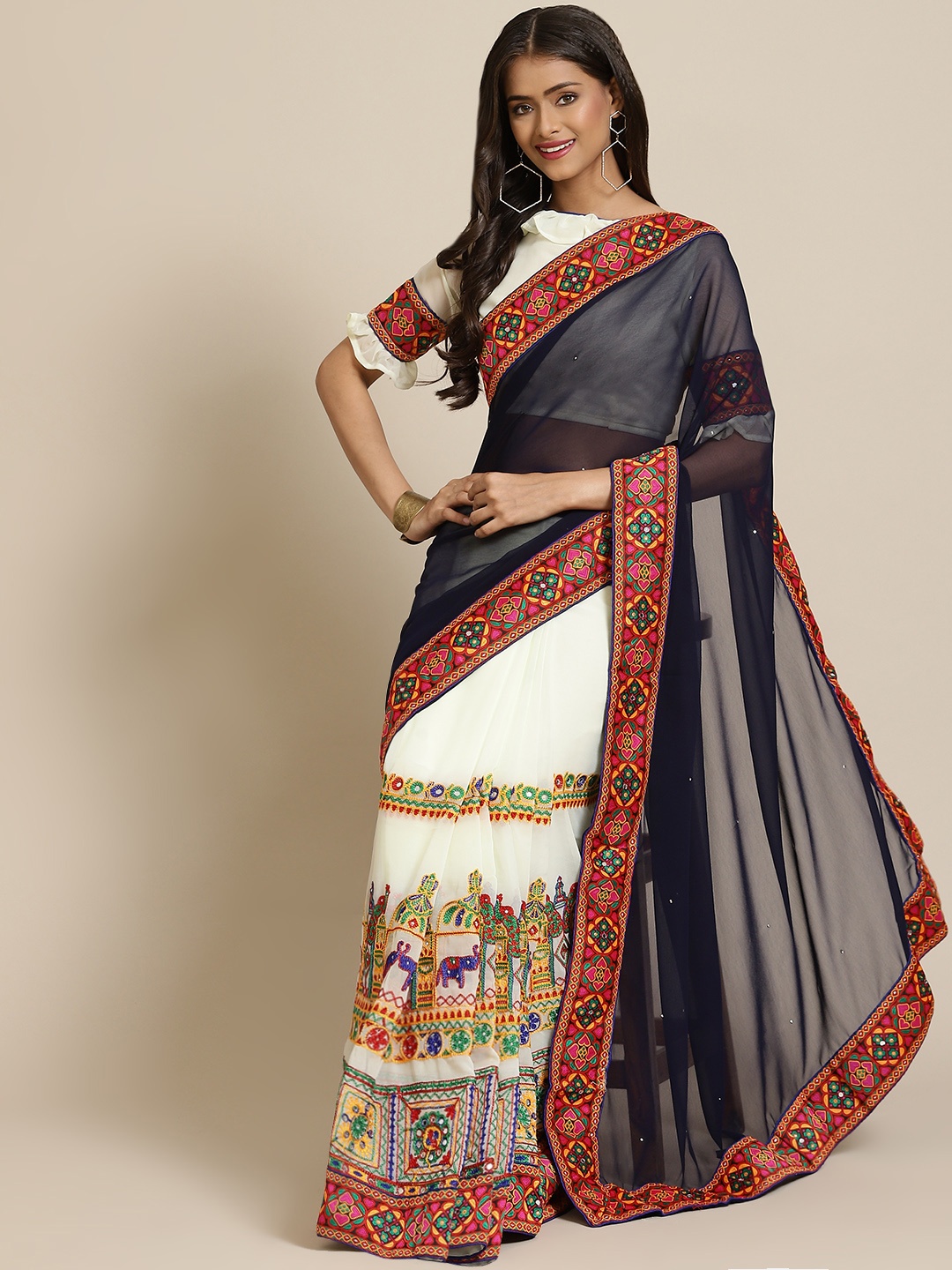 

SERONA FABRICS Navy Blue & White Embroidered Pure Georgette Half and Half Saree