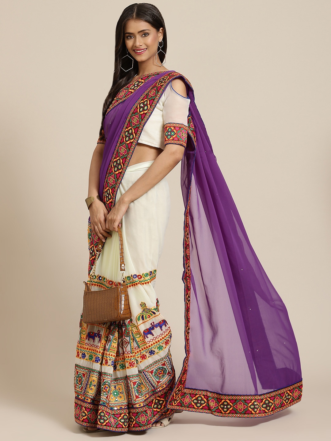 

SERONA FABRICS Purple & White Embroidered Pure Georgette Half and Half Saree