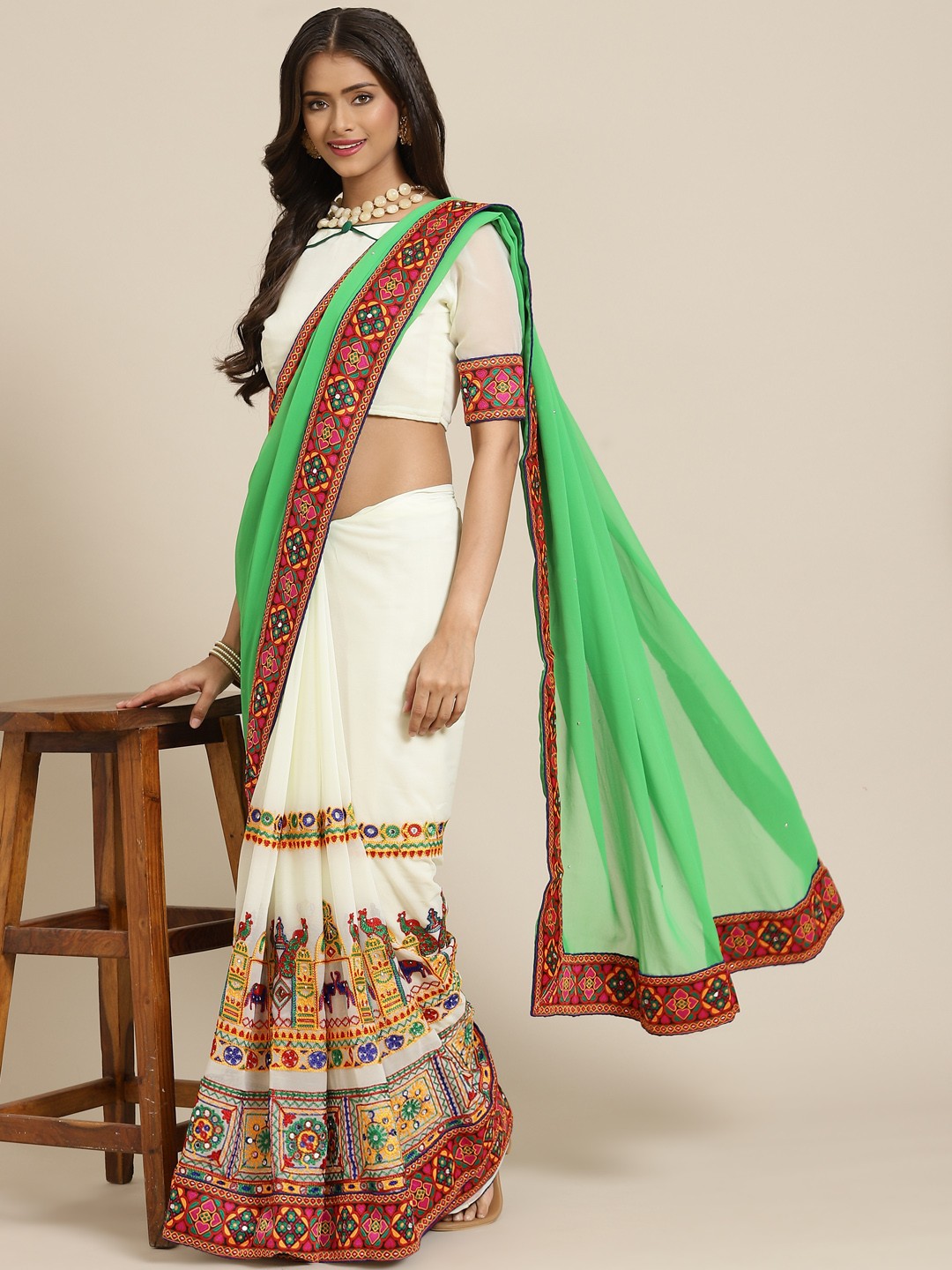 

SERONA FABRICS Green & White Embroidered Pure Georgette Half and Half Saree
