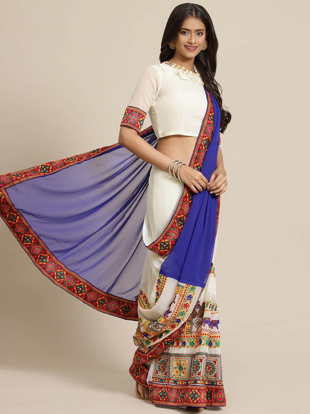 

SERONA FABRICS Blue & White Embroidered Pure Georgette Half and Half Saree