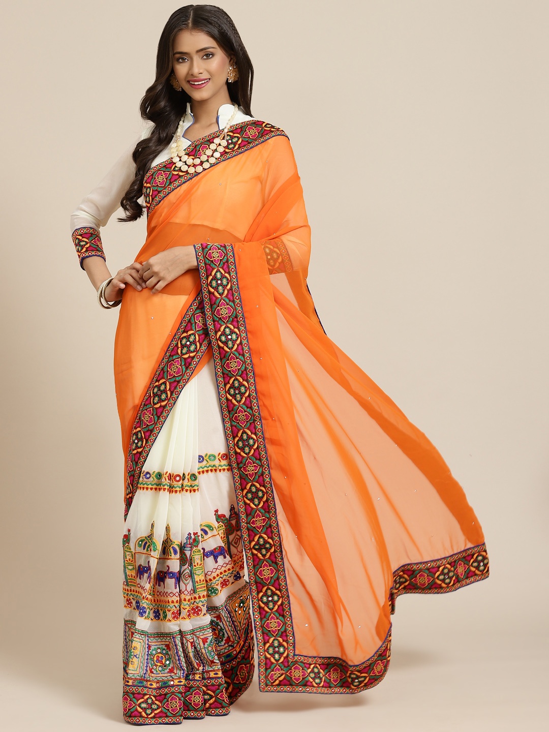 

SERONA FABRICS Orange & White Embroidered Pure Georgette Half and Half Saree