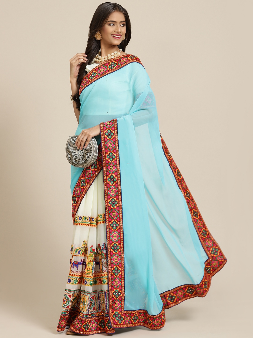 

SERONA FABRICS Turquoise Blue & White Embroidered Pure Georgette Half and Half Saree