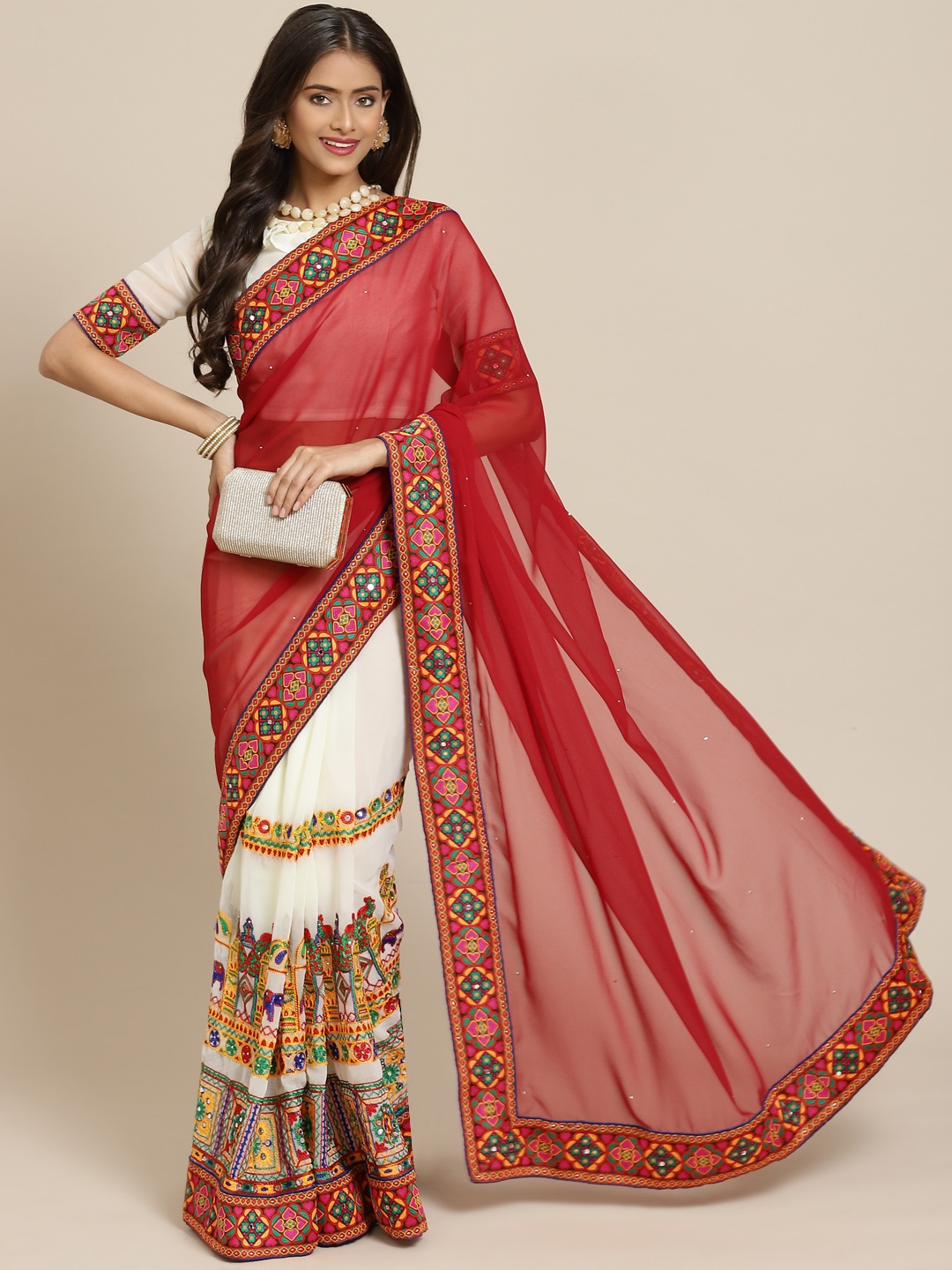 

SERONA FABRICS Maroon & White Embroidered Pure Georgette Half and Half Saree