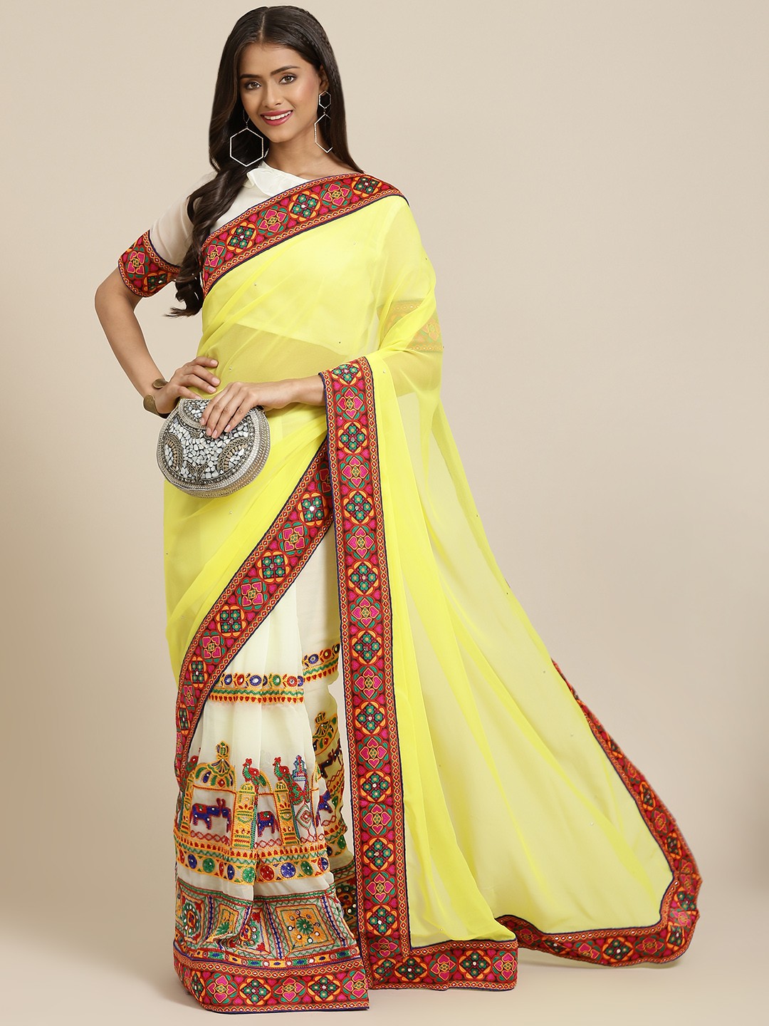 

SERONA FABRICS Yellow & Beige Embroidered Pure Georgette Half and Half Saree