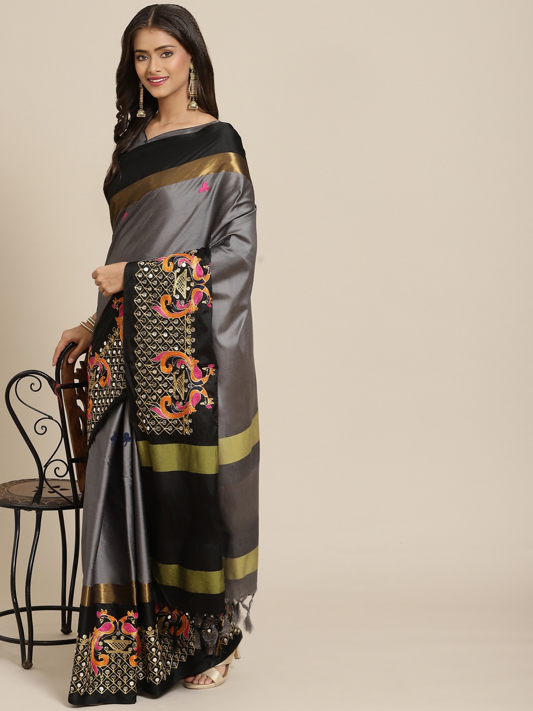 

SERONA FABRICS Grey & Black Ethnic Motifs Sequinned Silk Cotton Saree