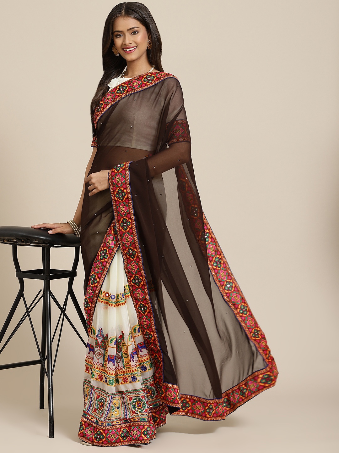 

SERONA FABRICS Brown & Beige Embroidered Pure Georgette Half and Half Saree